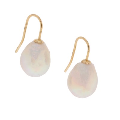 Lot 750 - Pair of Gold Ear Pendants with Cultured Solitaire Pearl