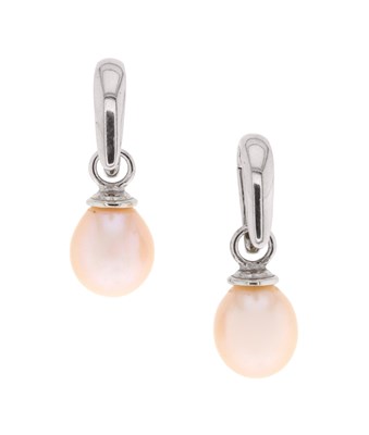 Lot 754 - Pair of Gold Ear Pendants with Cultured Solitaire Pearl