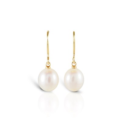 Lot 765 - Pair of Gold Ear Pendants with Cultured Solitaire Pearl