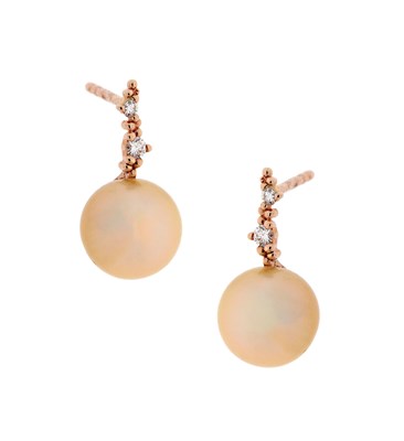 Lot 473 - Pair of 14K Gold and Diamond Ear Studs with Solitaire Pearl