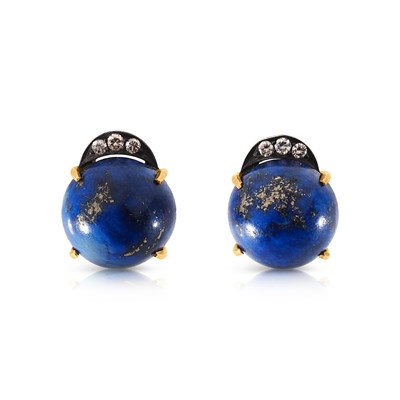 Lot 799 - Pair of Gold Ear Studs with Lapis Lazuli and Diamond