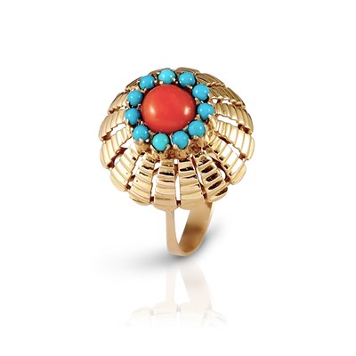 Lot 587 - 14K Gold, Turquoise and Coral Ring