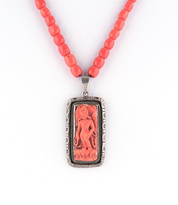 Lot 840 - Silver and Coral Pendant on 1-Strand Red Coral Necklace