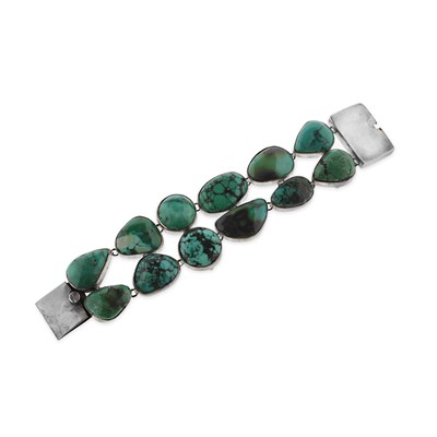 Lot 615 - Sterling Silver and Turquoise Double Link Bracelet