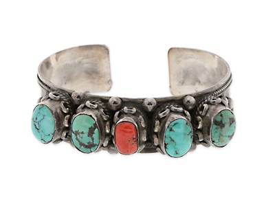 Lot 199 - A Tibetan Red Coral and Turquoise Bead Silver Bracelet