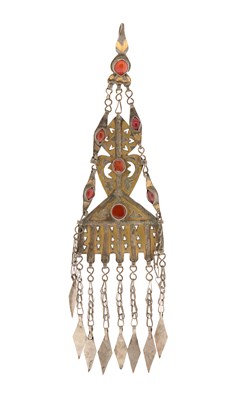Lot 215 - Fire-Gilded Silver and Carnelian Long Temple Pendant