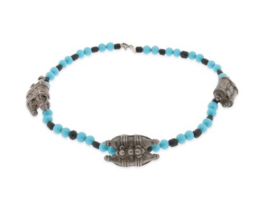 Lot 258 - A Turquoise, Onix, and Silver Beads Necklace