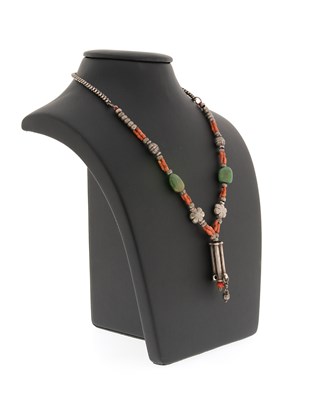 Lot 231 - Silver, Coral and Jade Beads Necklace