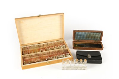 Lot 825 - A Box with Microscope slides, Vials, and Tools