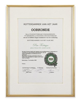 Lot 305 - Pim Fortuyn, 'Rotterdammer van het jaar 2002'