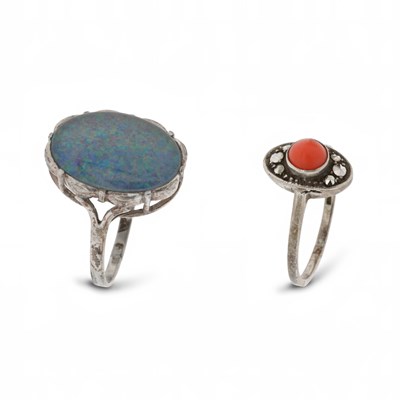 Lot 57 - Two Silver Rings set with Opal and Coral