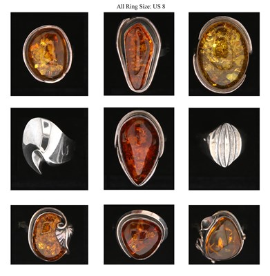 Lot 219 - Nine Silver Rings most set with Amber