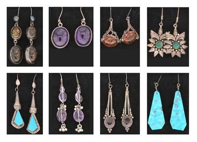 Lot 225 - Eight Pairs of Silver Ear Pendants with Minerals and Gem Stones