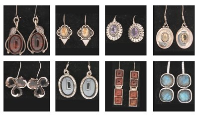 Lot 697 - Eight Pairs of Silver Ear Pendants with Minerals and Gem Stones