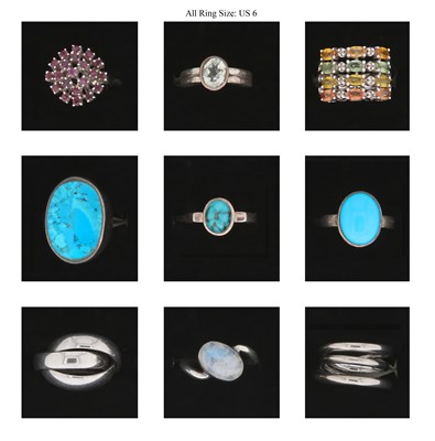 Lot 706 - Nine Silver Rings all set with Mineral and Gem Stones