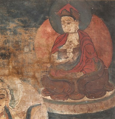 Lot 58 - Framed section from a 17th century Thangka, Depicting Padmasambhava