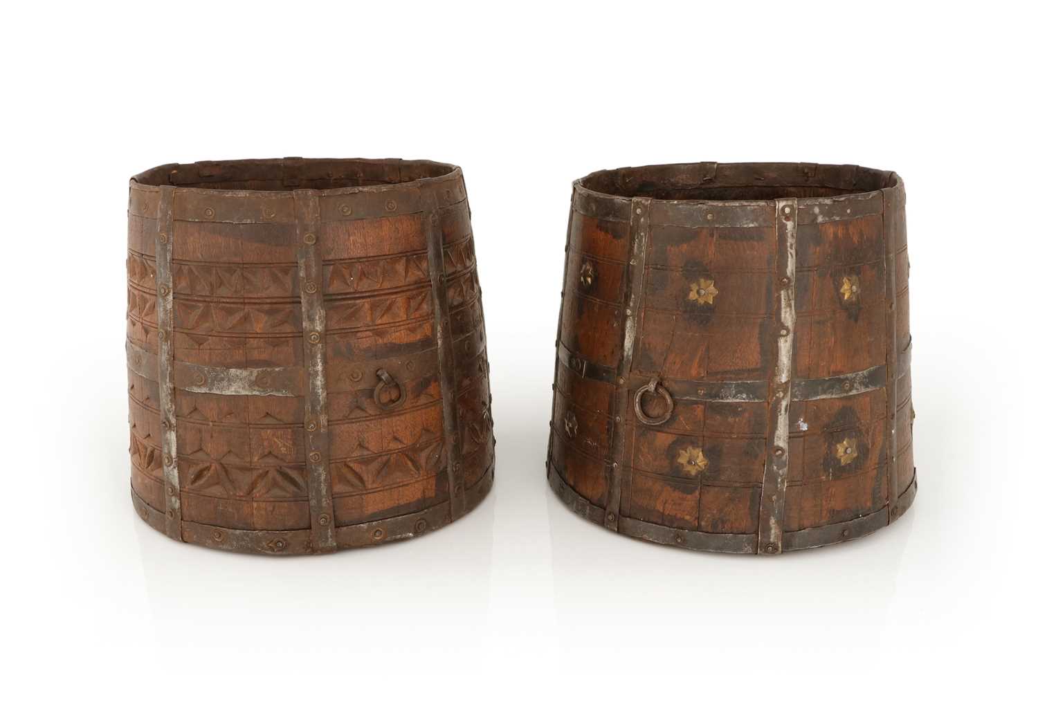 Lot 123 - Two Anglo-Indian Iron and Brass Bound Wood Buckets