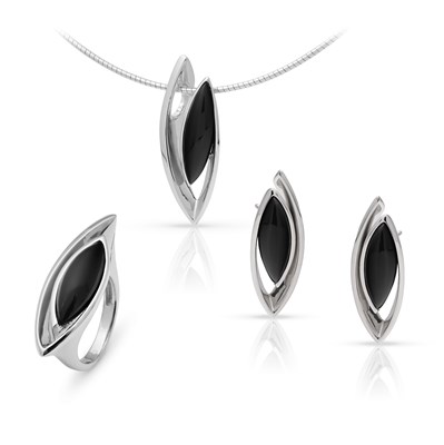 Lot 528 - Sterling Silver and Onyx Necklace , Earring, and Ring Suite