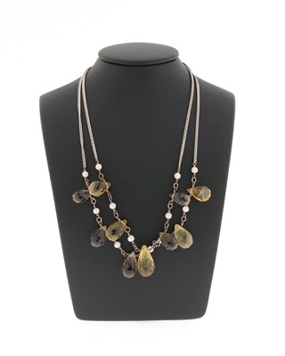 Lot 543 - Two-strand Citrine, Smokey Topaz and Pearls Necklace