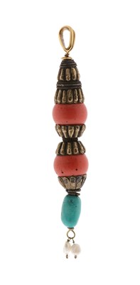 Lot 190 - Tibetan Red Coral, Turquoise and Seed Pearl Pendant
