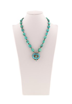 Lot 195 - A Tibetan Turquoise Necklace with Silver Box Pendant