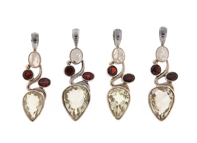 Lot 638 - Four Silver Pendants set with Rainbow Moonstone, Garnets and Quartz