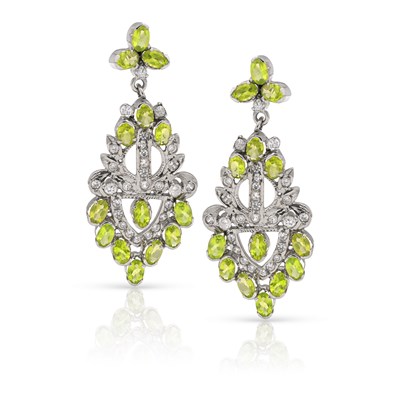 Lot 623 - Pair of Sterling Silver Ear Pendants set with Peridots and Zirconia