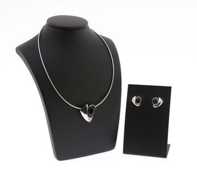 Lot 525 - Italian Sterling Silver and Onyx Necklace and Ear Stud Suite.