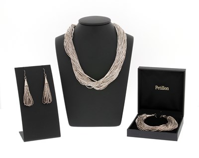 Lot 526 - A Silver Multi-Strand Necklace, Choker, Bracelet and Ear Pendant Suite