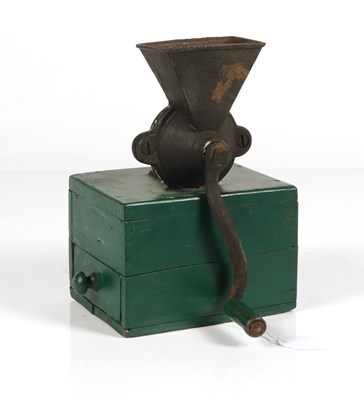 Lot 258 - Cast Iron Coffee Grinder on Pine Box