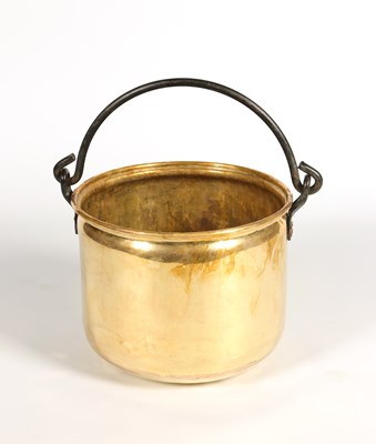 Lot 758 - A Large Antique Brass Pot with Wrought Iron Handle