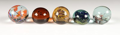 Lot 1149 - A lot of 5 vintage hand-blown multi-coloured paperweight balls