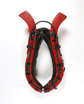 Lot 505 - Red antique leather and wood horse collar harness