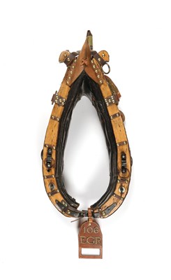 Lot 508 - Antique leather and wood horse collar harness, with label 106 EGR