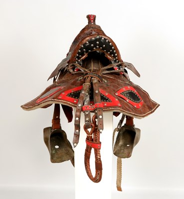 Lot 528 - Antique leather saddle, with brass stirrups and decorated with studs