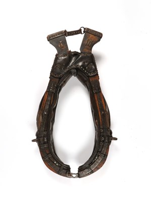 Lot 537 - Antique leather and wood horse collar harness, with initials J.M.