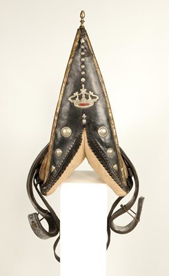 Lot 546 - Antique leather horse saddle, decorated with copper and a crown