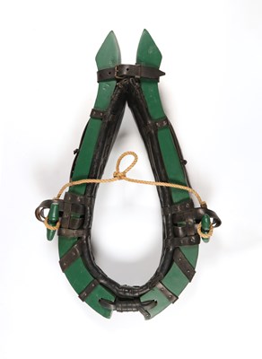 Lot 563 - Green antique leather an wood horse collar harness