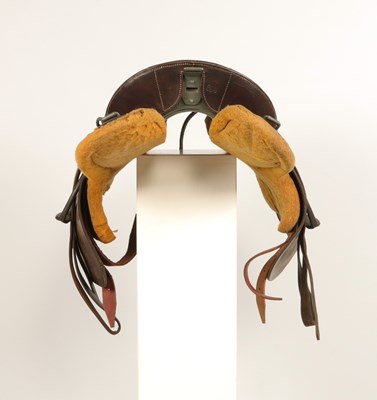 Lot 595 - WW2 German cavalry leather officer saddle, with metal stirrups