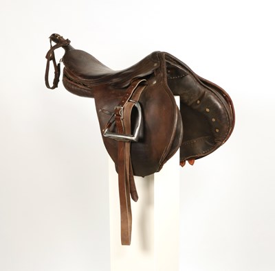Lot 597 - Military leather horse saddle, with stirrups