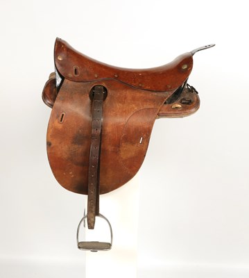 Lot 598 - Military leather horse saddle, with stirrups