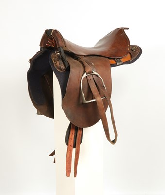 Lot 599 - Military leather horse saddle, with stirrups