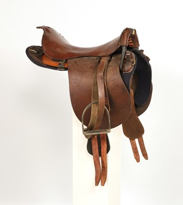 Lot 599 - Military leather horse saddle, with stirrups