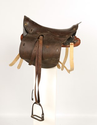 Lot 614 - Military leather horse saddle, with stirrups