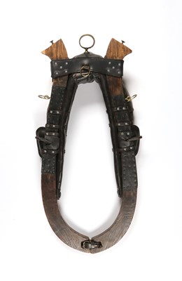 Lot 625 - Antique leather and wood oxes collar harness