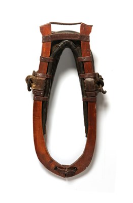 Lot 629 - Antique leather and wood oxes collar harness