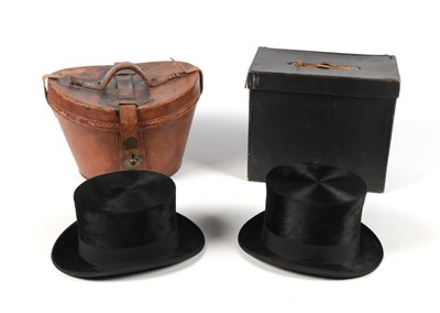 Lot 1052 - 2 Antique Silk Top Hats with Victorian Leather Travel Case