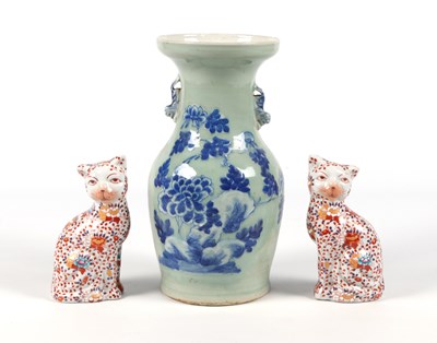 Lot 1054 - 2 Imari porcelain decorative cats and a Celadon baluster vase