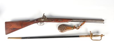 Lot 1143 - Antique hunting rifle with ramrod and powder flask and an officer's sword