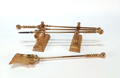 Lot 1234 - Antique 19th century brass three-piece fireplace set with two andirons.